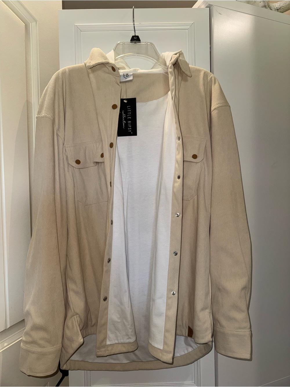 Men’s Beige Corduroy Shacket with White Lining and Hood